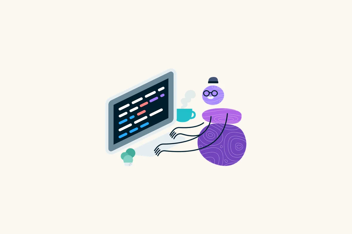 Illustration of a person working with a laptop.