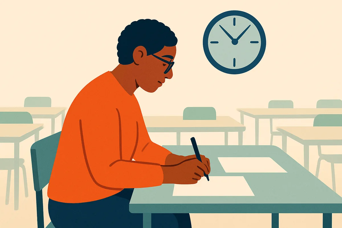 An adult in an empty exam room writes on a blank sheet, a second blank page beside it, beneath a large round wall clock