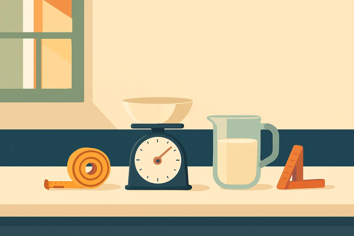 A tape measure, dial kitchen scale, glass measuring jug and folding ruler lined up on a sunlit kitchen counter.