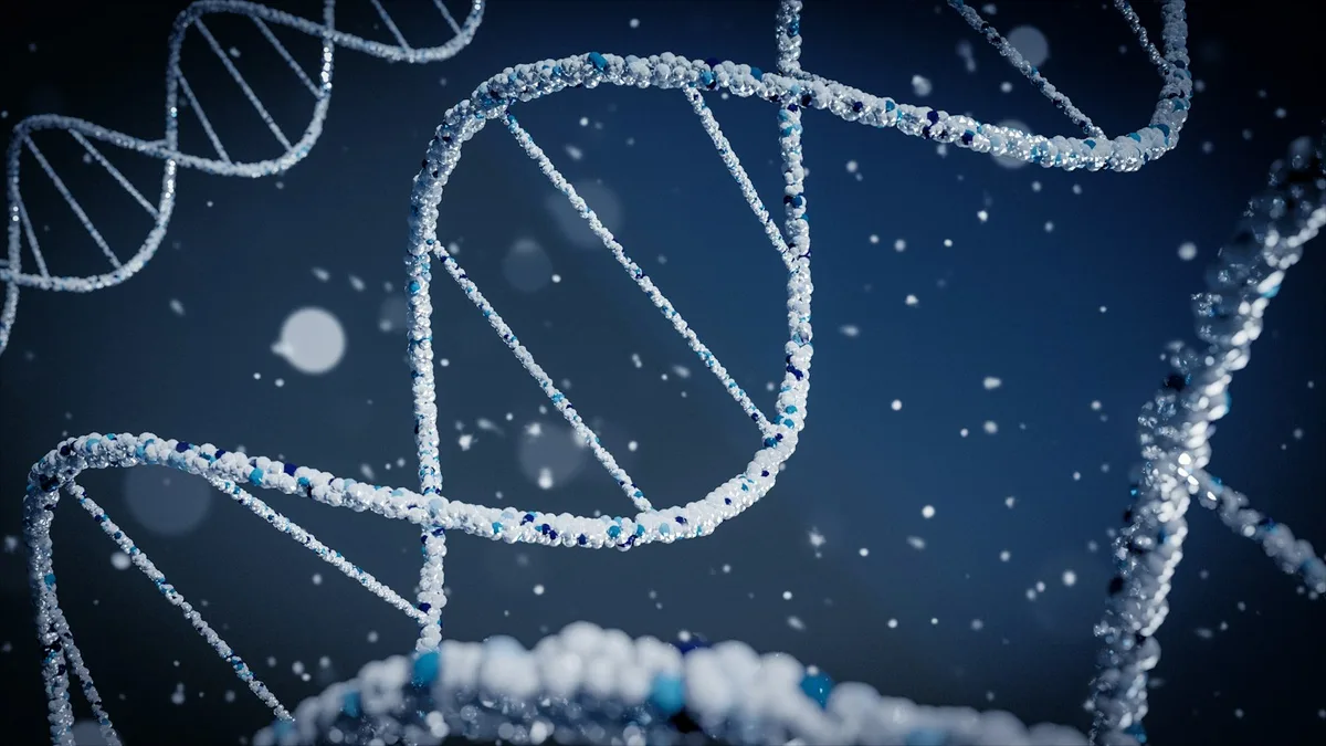 A rendered DNA double helix on a blue background.
